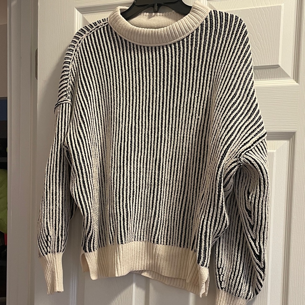 Aerie Black and White Striped Turtleneck Sweater
